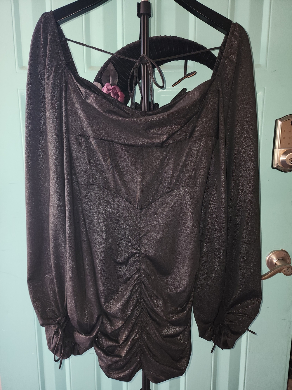 Lucy in the Sky Shimmery Black Corset Ruched Mini Dress